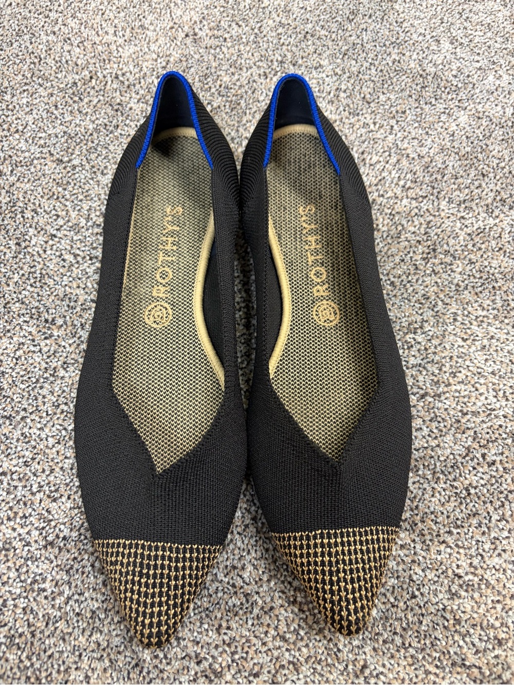 Rothy's Black Pointed Knit Flats with Gold-Toe Detail